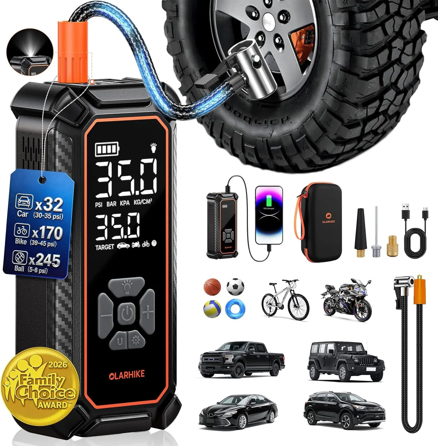 Portable Cordless Tire Inflator with Digital Gauge, 12000mAh Battery, Fast Inflation for Car Tires, SUVs, Auto Shutoff