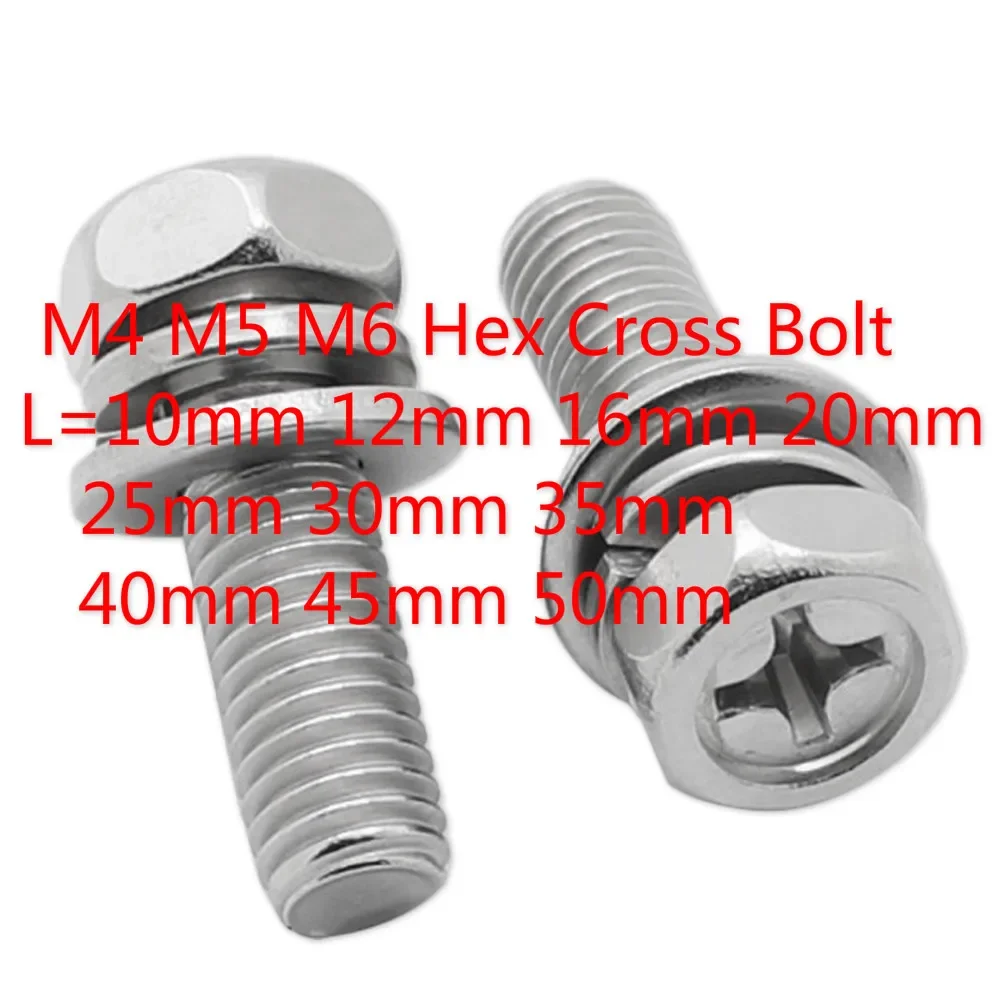 100set M4 Hex Cross Bolt Phillips Head Phillips Hexagon Screws Flat Spring Washers 304 Stainless Steel L=10-50mm 16mm 30mm