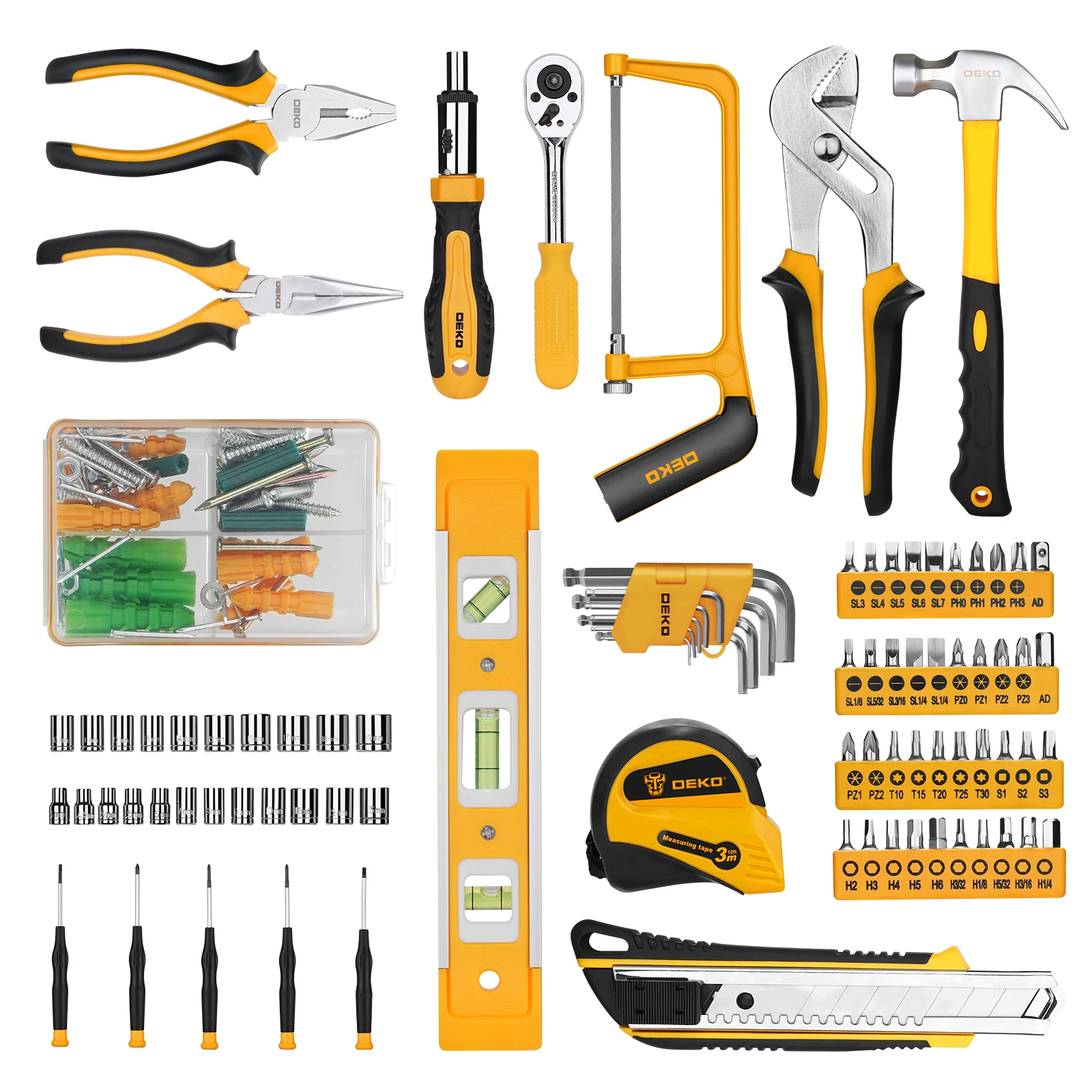 DEKO DKMT228 Socket Wrench Auto Repair Tool Combination Package Mixed Tool Set Hand Tool Kit with Plastic Toolbox Storage Case