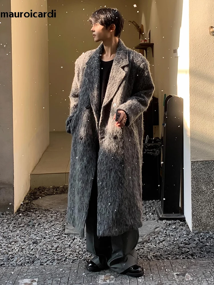 Mauroicardi Autumn Winter Oversized Long Thicken Warm Grey Woolen Coat Men Shoulder Pads Double Breasted Wool & Blends Overcoat