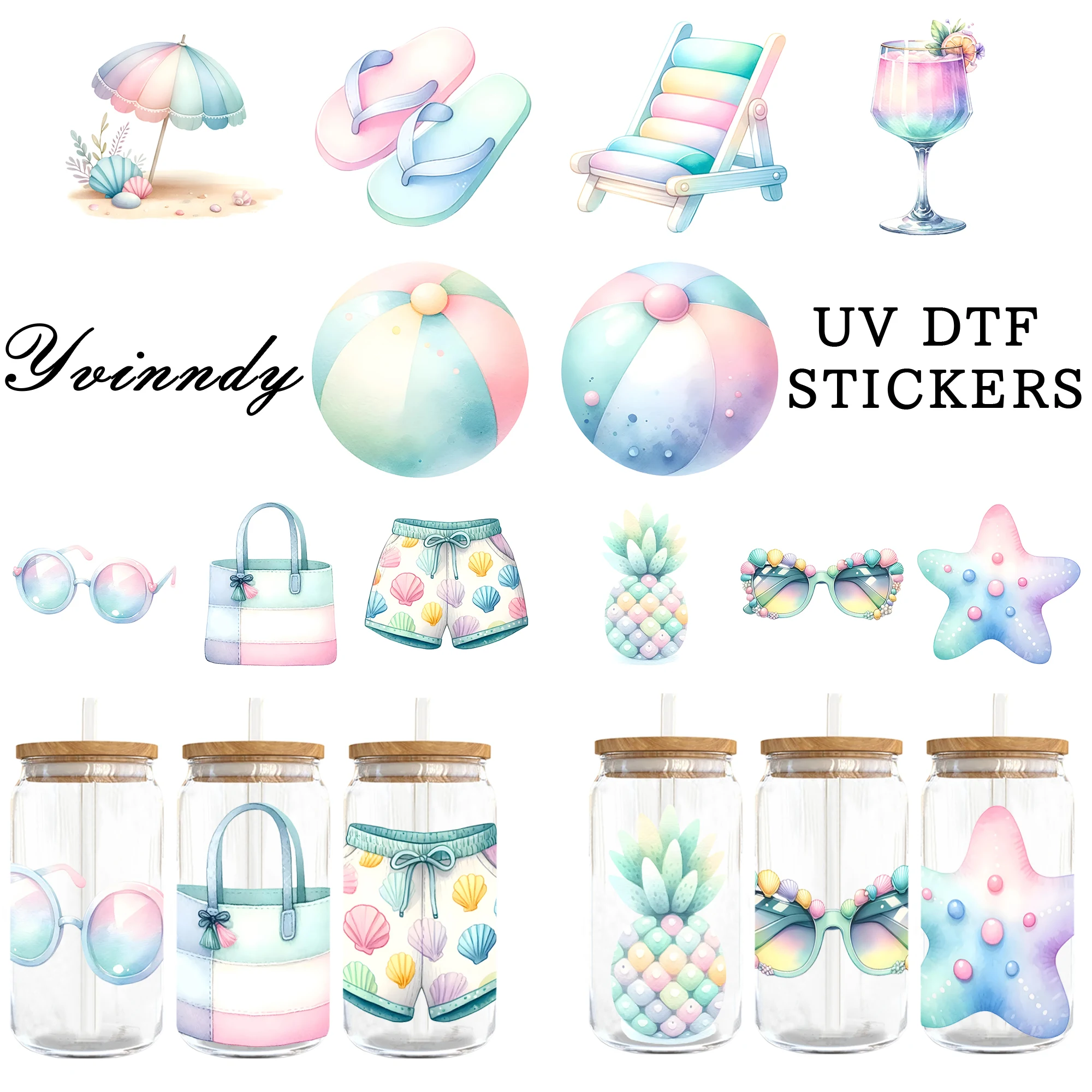 5Pcs/Set Summer Seaside Macarons 16OZ Glass Jar Transfer Paper UV DTF High Self-Adhesive Transfer Paper