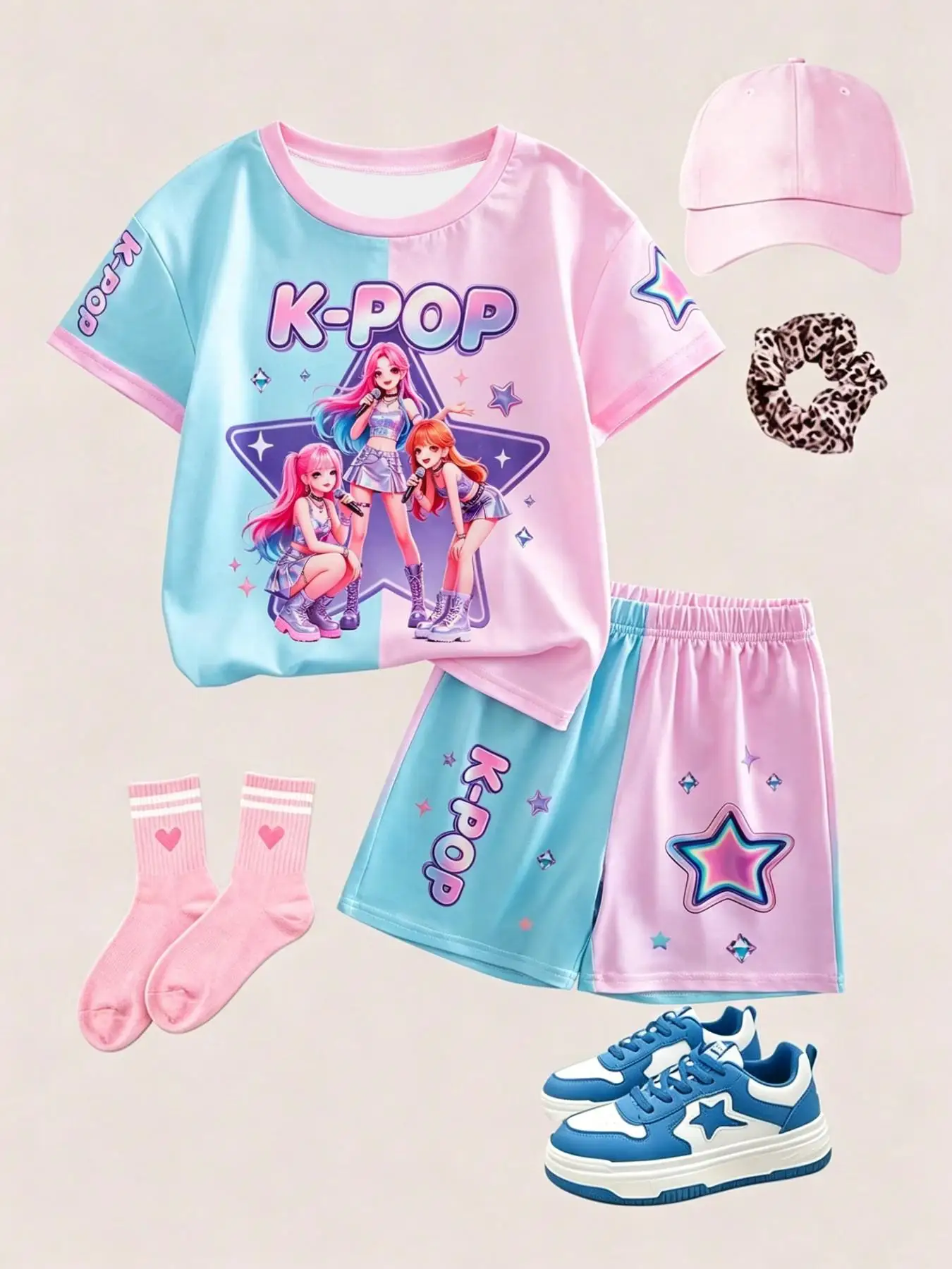 Zweiteiliges Set für Mädchen mit Anime-Ikonen-Print; bestehend aus einem farblich abgesetzten Kurzarm-T-Shirt und Shorts – ein Sommeroutfit im Y2K-Stil. – Detail 3
