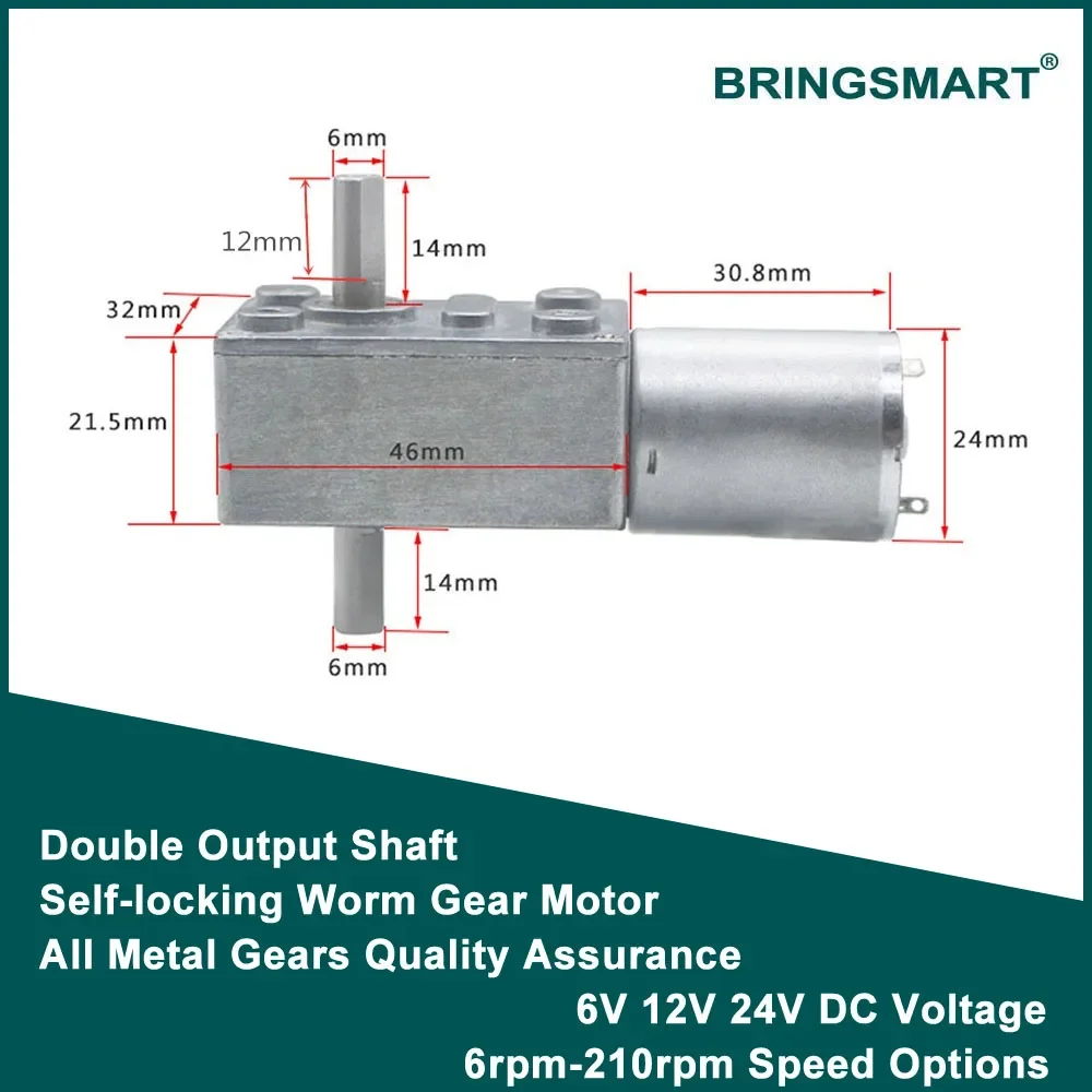 JGY370 12V DC Motor Micro Worm gear Motor 24 Volt High Torque Reducer Doublt Shaft Electrict Motor 6V Self-locking BringSmart