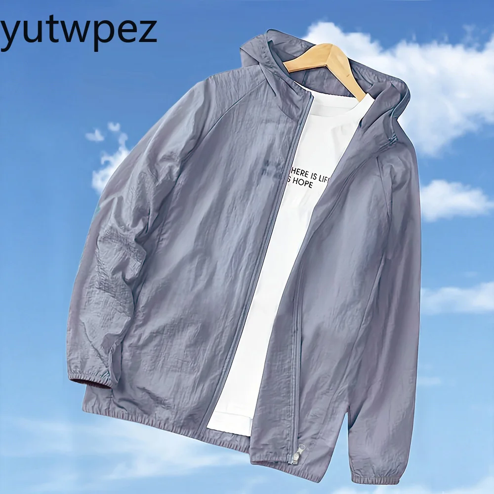 Outdoor Hiking Sports Men's Summer Skin Coats Lightweight Quick Drying Solid Color Outwear Hooded Zipper Sun-protection Ice Silk - view 3
