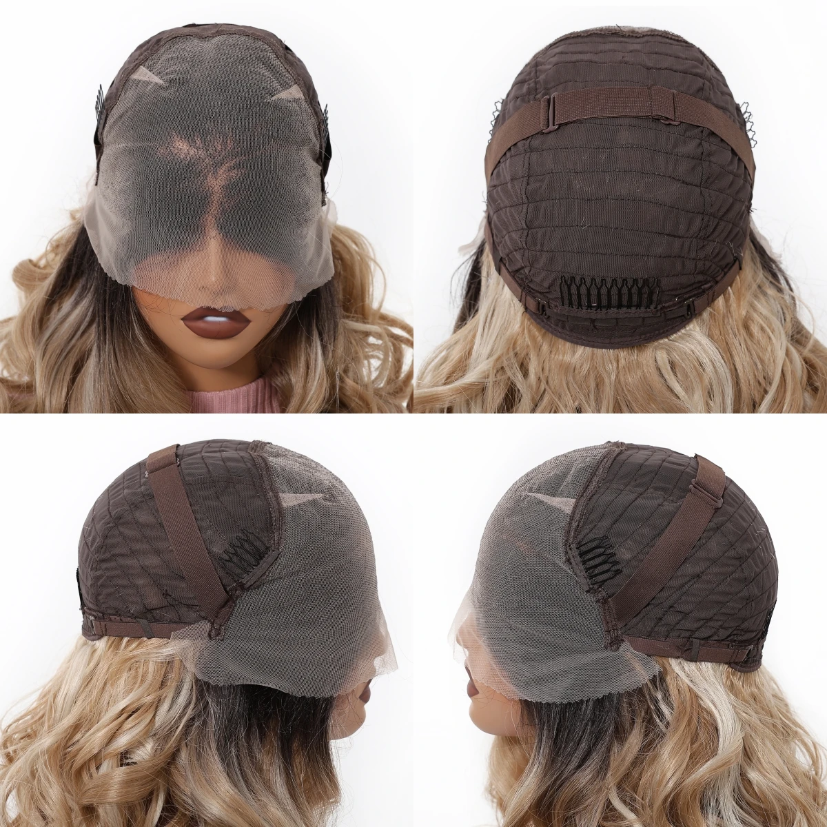 Peruki syntetyczne o średniej długości, falowane, kręcone, z przedziałkiem typu 13*6, naturalne peruki syntetyczne dla kobiet na imprezy i cosplay, 35 cm, blond peruki z ciemnymi odrostami.