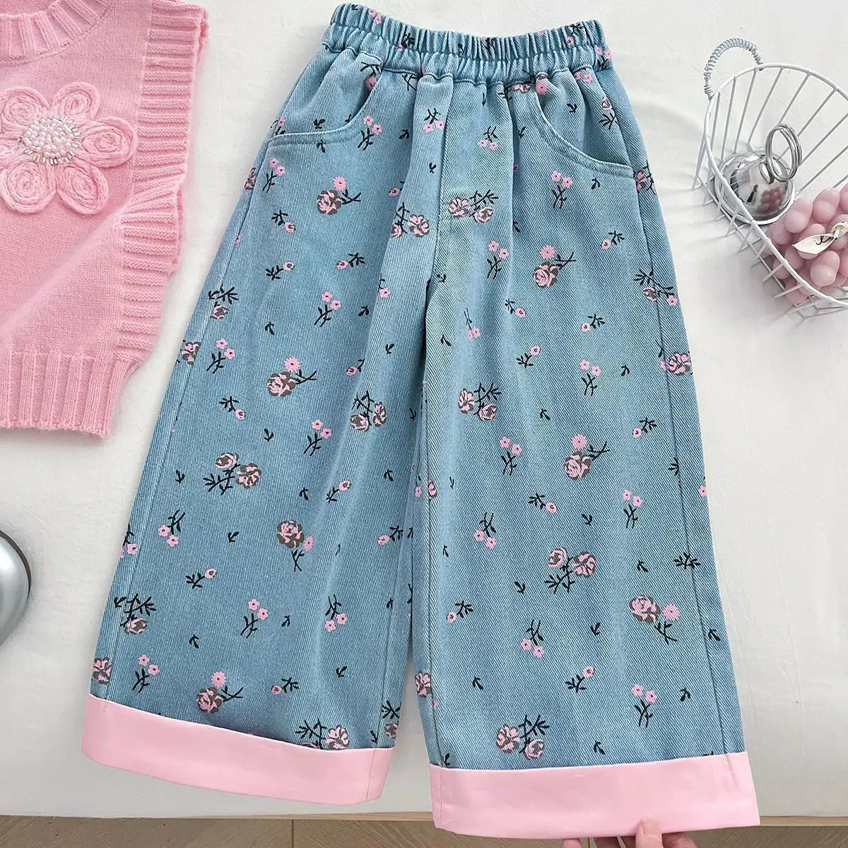 مجموعة الخريف للأطفال النسخة الكورية الجديدة من الفتيات الوردي الزهور البلوز قميص الدنيم السراويل المألوف 3 قطعة مجموعة #4