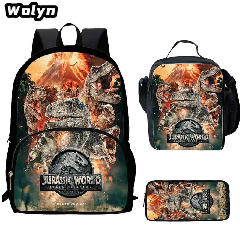 3Pcs Set Dinosaur Mochila Jurassic Backpack with Lunch Bags Pencil Case,Printing Book Bags for Grades1-5 Students Backpacks