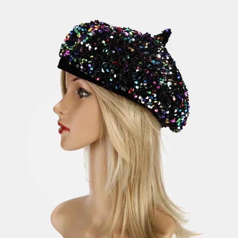 Women Beret Hat  Sequins French Style Beanie Cap Adjustable Fashion Shimmer Hat for Girls Ladies