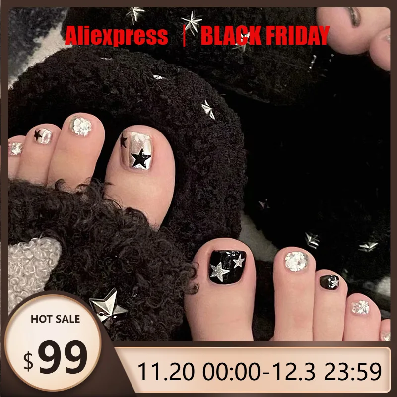 

24 Pieces Black & Silver Starry Press-On Toenails-Short Square Rhinestone Design Full False Tonails- Perfect for Women and Girls