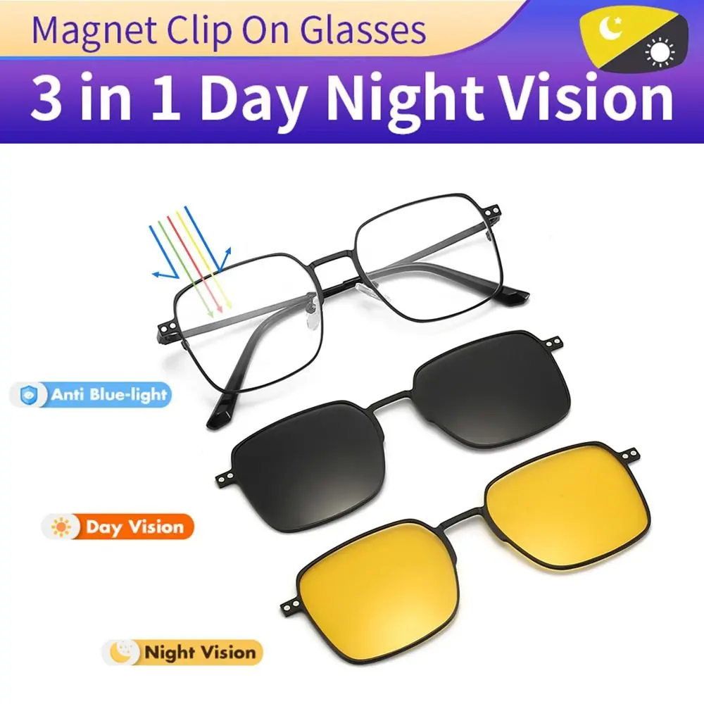 

UV400 Night Vision Computer Glasses Metal with Magnet Clip On Sunglasses Polarized Anti Blue Light Glasses 3 In 1 Glasses