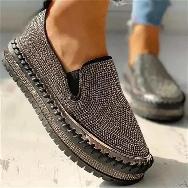 Ladies Flat Sequined Sneakers Casual Women\'s Mesh Lace-up Fine Diamond Sequins Thick-soled Comfortable Vulcanized Shoes