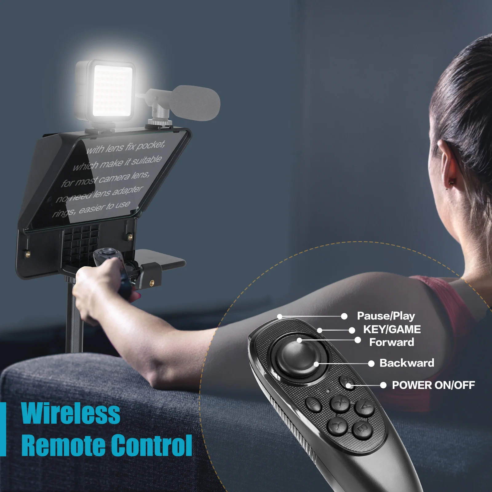 

Portable Smartphone DSLR Camera Teleprompter Prompter Kit with Phone Holder LED Fill Light Desktop Tripod Remote Control for Vlo