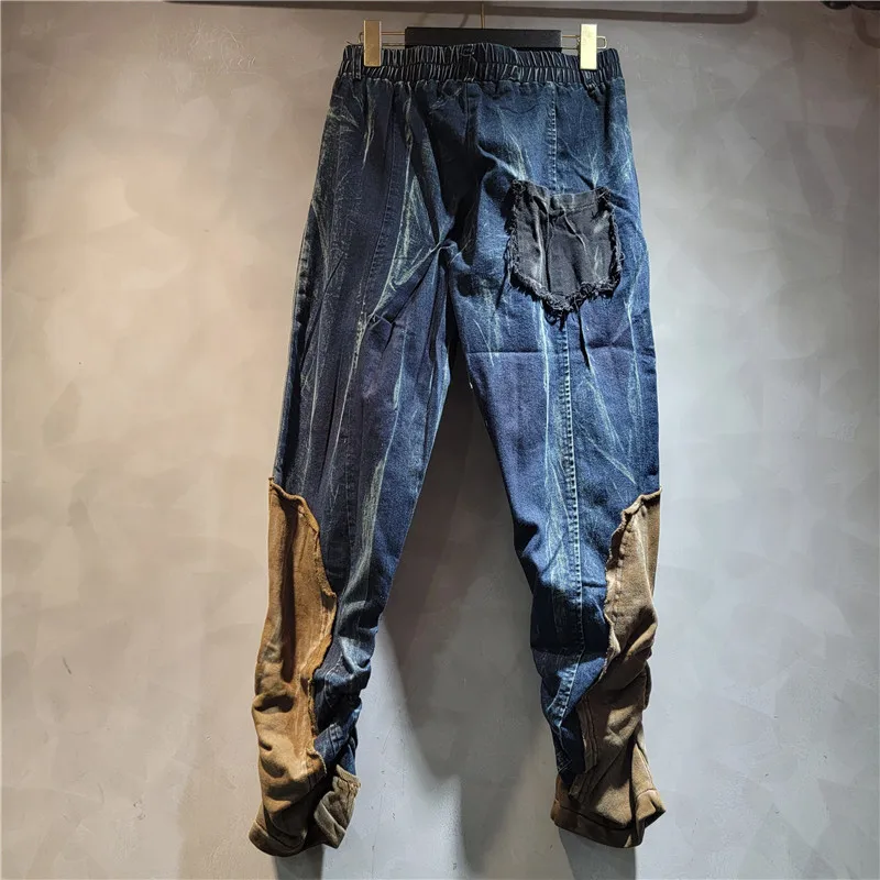 Personalized Trendy Brand Pants Women Jeans 2024 Autumn New Elastic Waist Washed Old Splicing Contrasting Color Pencil Trousers