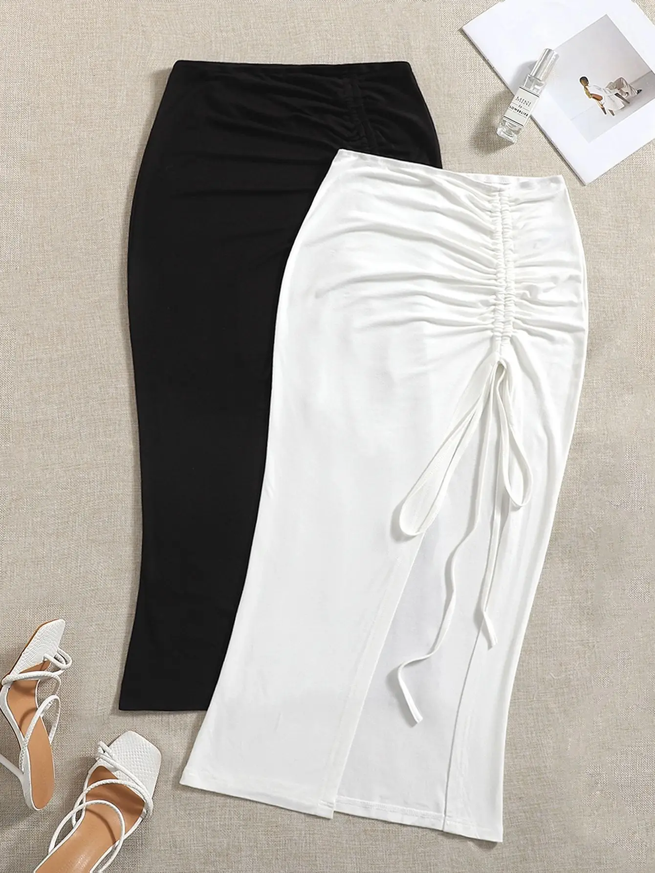 New Women's Elegant High Waist Knitted Polyester Skirt, Solid Color Spring, Summer and Autumn Long Skirt, Drawstring Side Slit