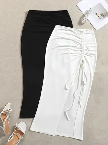 New Women's Elegant High Waist Knitted Polyester Skirt, Solid Color Spring, Summer and Autumn Long Skirt, Drawstring Side Slit