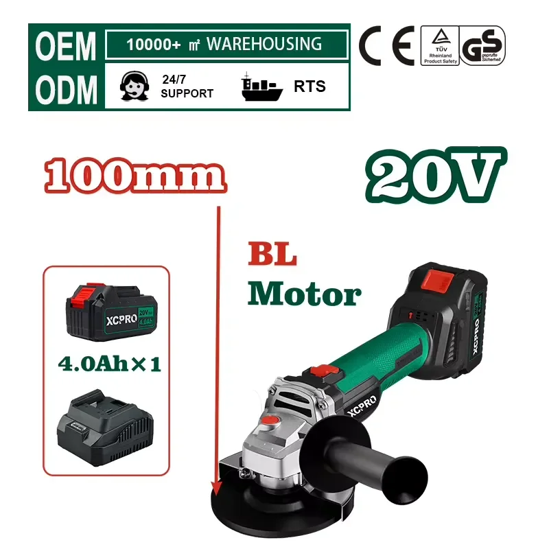 20V Brushless Cordless Angle Grinder 100mm Rechargeable Grinding Cutting for Outdoor Construction Auto Repair Metal Polishing