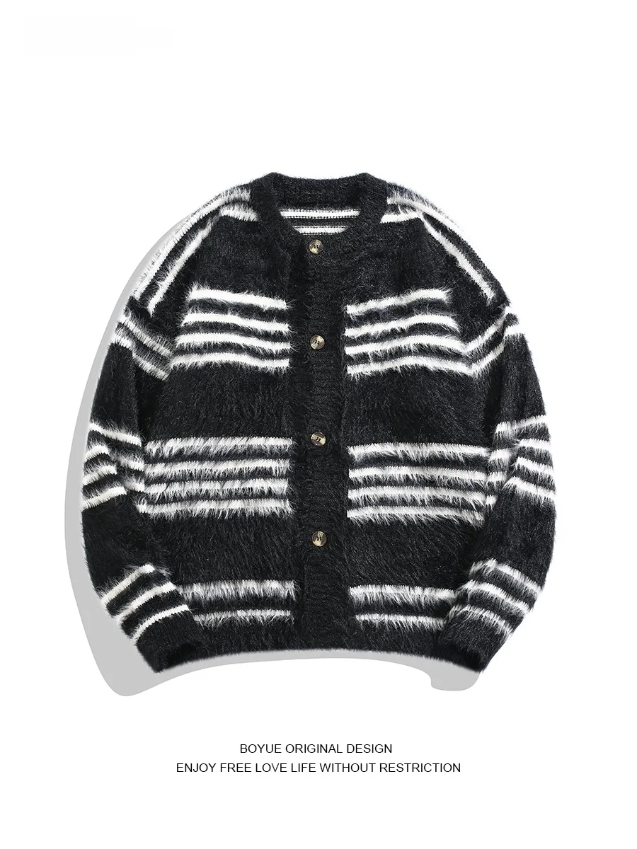

Boyue осень-зима полосатый цветной вязаный открытый кардиган мягкий ленивый универсальный пригородный свитер из искусственного меха ex