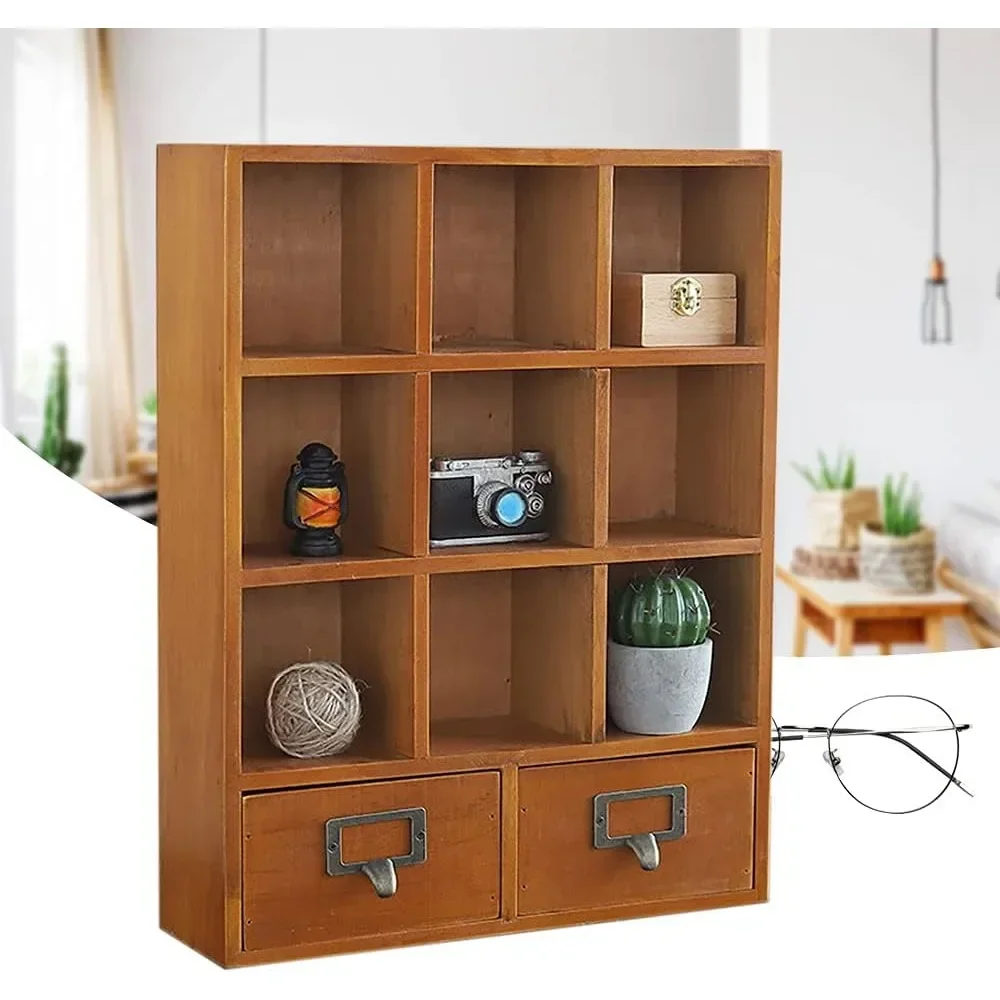 9-Cube Wooden Storage Shelf Organizer Desktop Bookshelf Display Cabinet for Bedroom Aesthetic Cube Storage with 2 Drawers