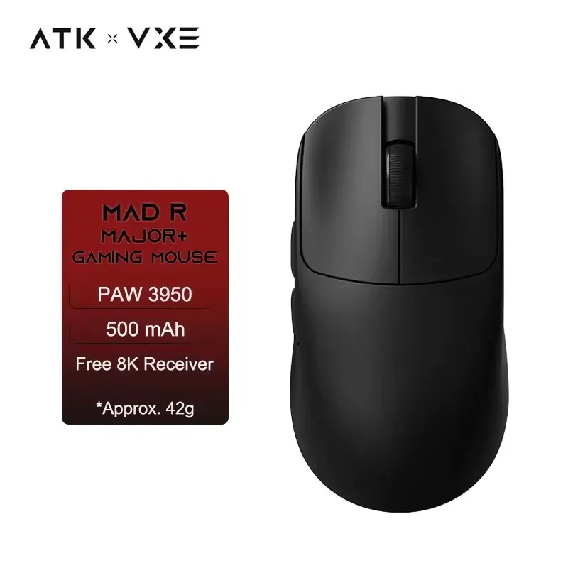 Mouse para jogos ATK VXE MAD R MAJOR 8K PAW3395/3950 Sensor Mouse sem fio de modo duplo Mouse ergonômico leve não poroso
