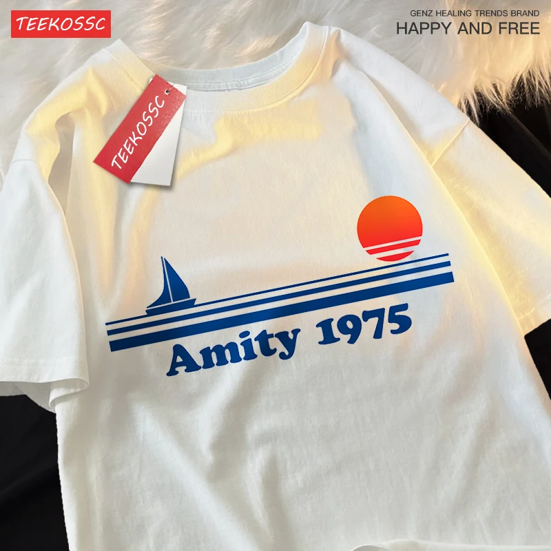 Amity 1975 das Segelboot der Hoffnung Herren Straßen kleidung atmungsaktive übergroße T-Shirts Marke Tops Baumwolle lässig T-Shirt Paar