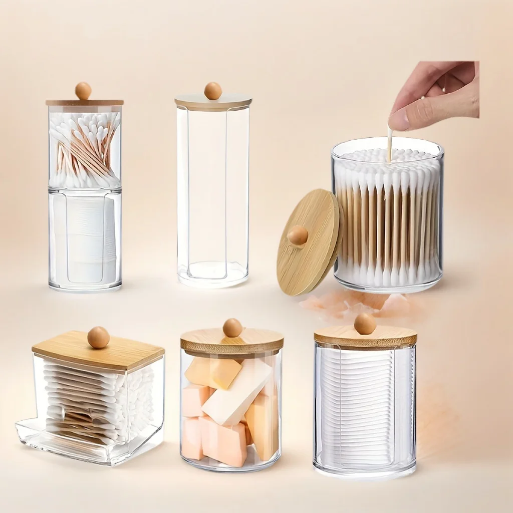 Porte-écouvillons en acrylique transparent, 1 pièce, organisateur de stockage, pots distributeurs, boîte d'organisation à domicile pour tampons de maquillage, bouffées de poudre, beauté