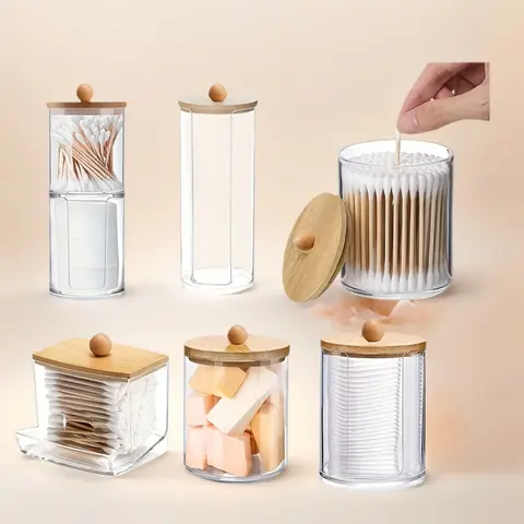 1pc Clear Acrylic Swab Holder Storage Organizer Dispenser Jars Home Organization Box for Floss Makeup Pads Powder Puffs, Beauty