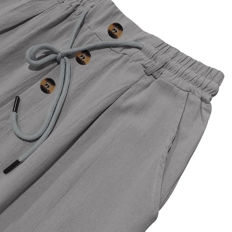 Herren Boho Leinenmischung Weite Hose mit Hoher Taille, Kordelzug, Knopfleiste, Lockerer Passform und Seitentaschen – Detail 8