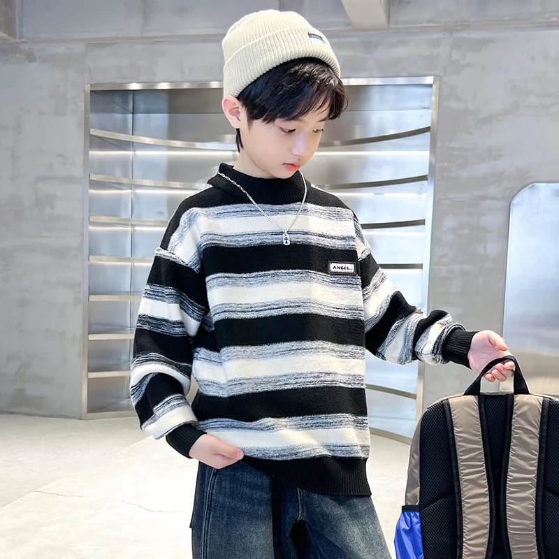 2025 Spring Children Fashion Striped Sweater For Boy Knitted Pullover Outfit Elegant Kids Teenager School Knitwear 4 To 14 Years