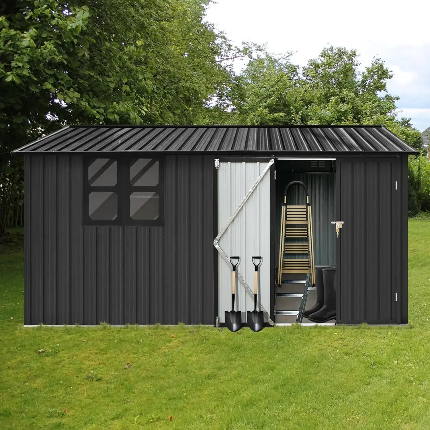 Metal Aluminum Waterproof Tool Sheds with Window,Heavy-Duty Sheds Unit w/Door and Vents,for Storing Bicycles,Lawnmowers