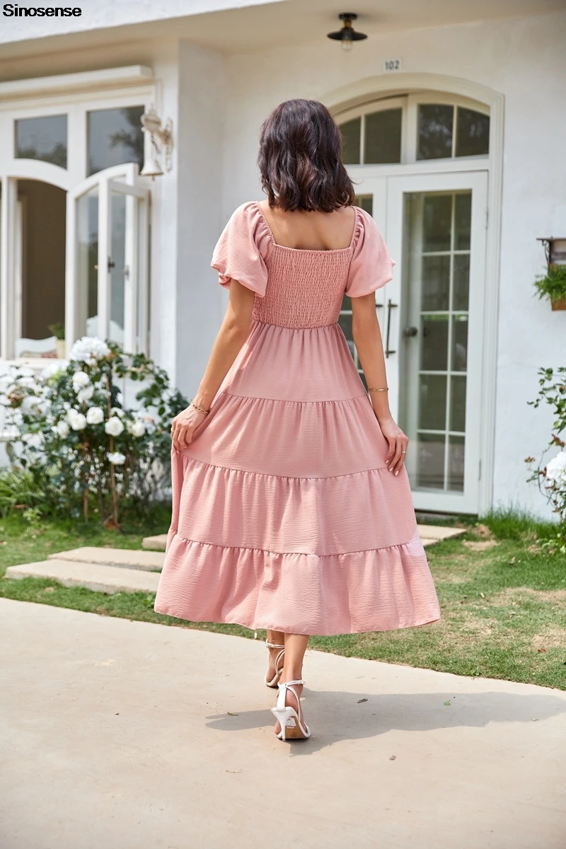 Women Summer Wedding Guest Coctail Party Dress Casual Flowy Beach Square Neck Puff Short Sleeve Smocked Tiered Boho Maxi Dress