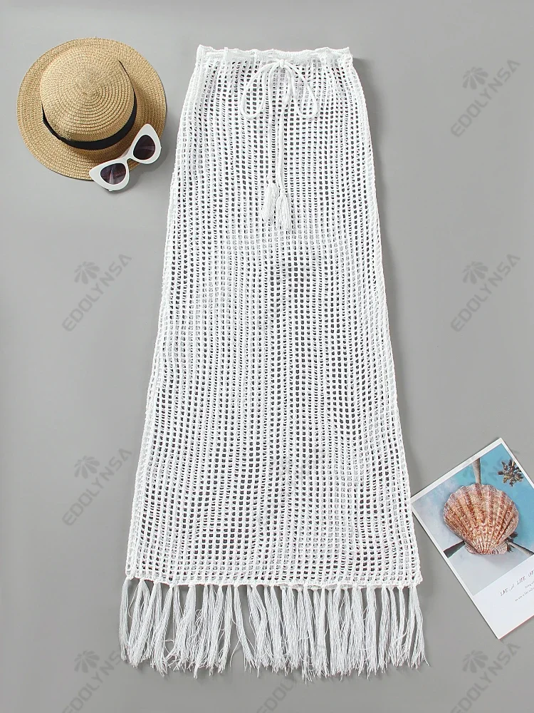 Sexy Summer Knit Cut Out Beach Half Skirt Women Chic Drawstring Fringed Casual Wrap Skirts 2024 Pool Party Swimwear Cover Up K50