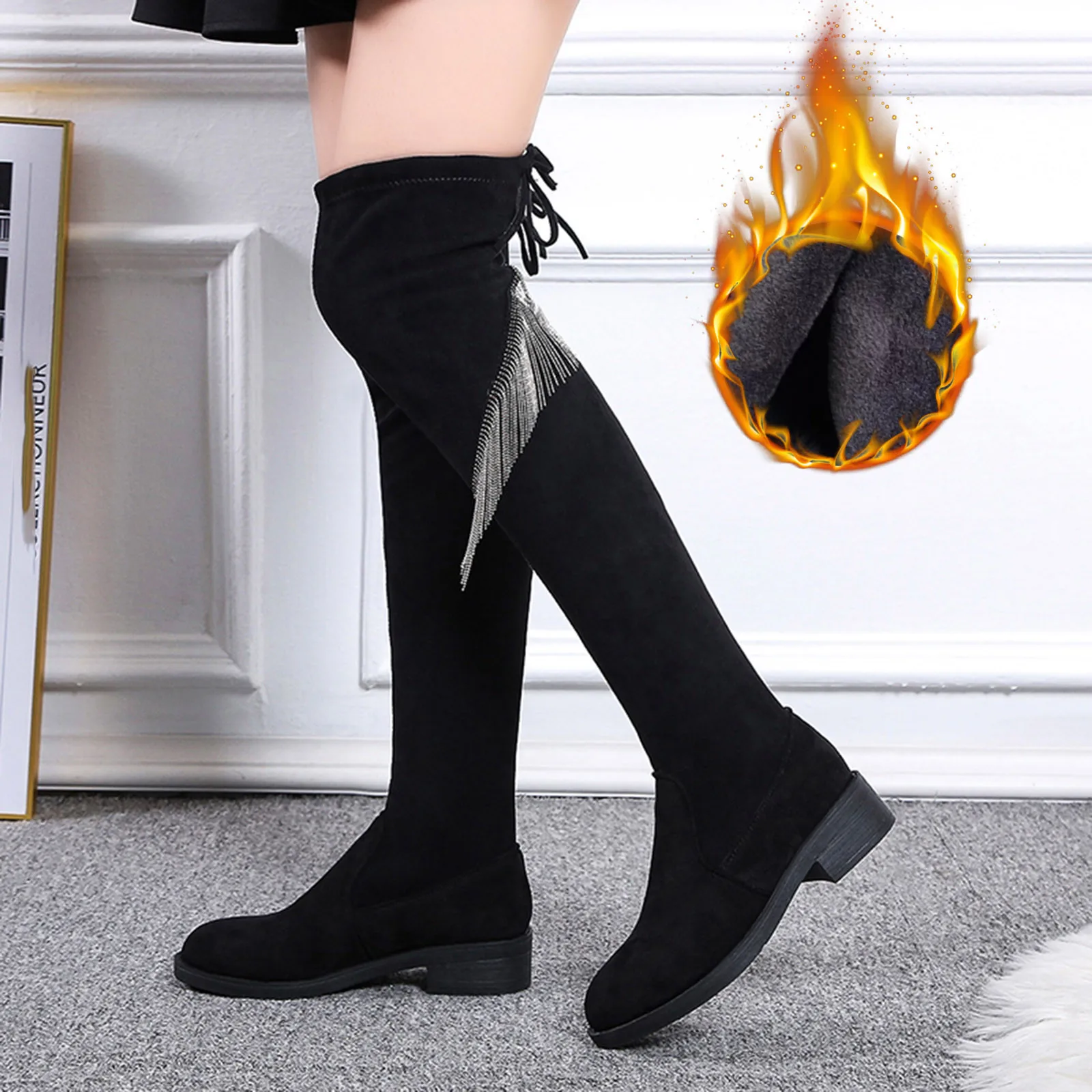 Women Boots Shoes Thick High Heel Boots Casual Soft Bottom Non Slip Wool Boots Long Tube Over Women Knee High Boots Wide Calf