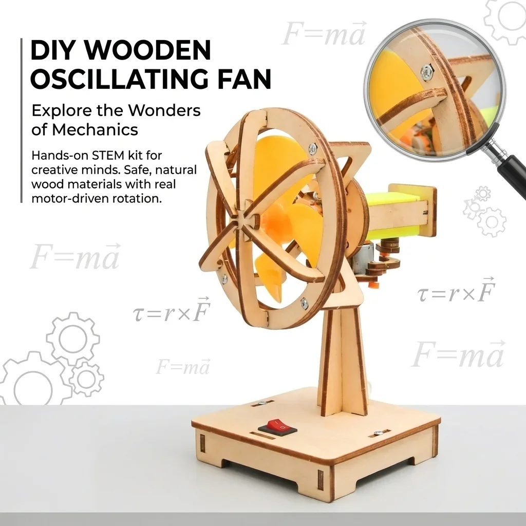 DIY Wooden Electric Swing Fan Assembly Model, Physics Handcraft Tech Gadget, Indoor Desktop Hobby Display Accessory Handmade Col