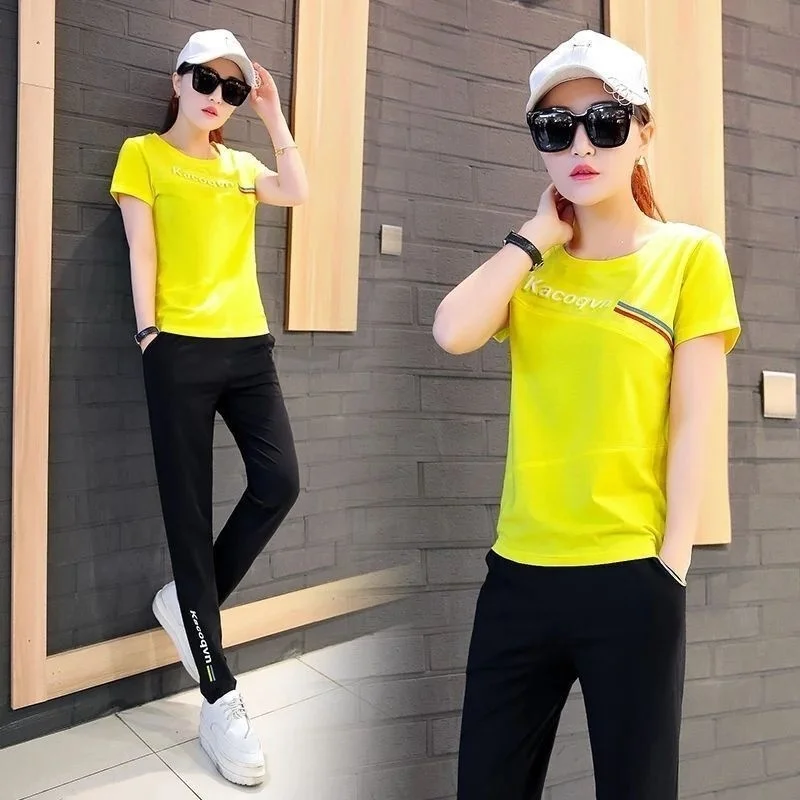 Women\'s Casual Sports Suit Spring Summer New Korean Style Loose Short Sleeve Top And Pants Two Piece Set Student Running Outfits