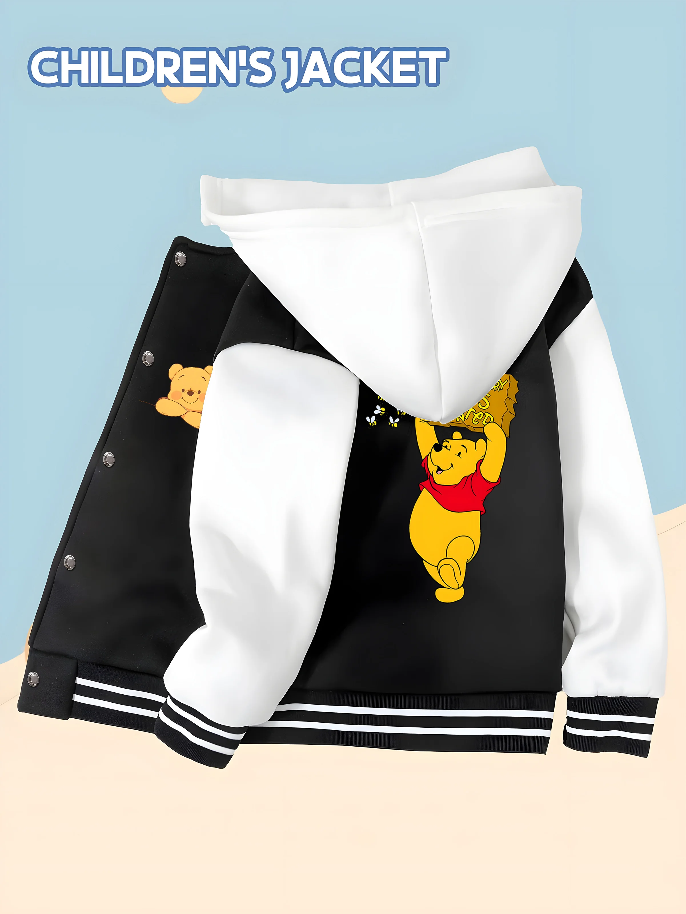 

MINISO Disney Boys' Baseball Jacket - Winnie the Pooh and Bee Colorful Print, Reversible Pattern, Versatile Jacket