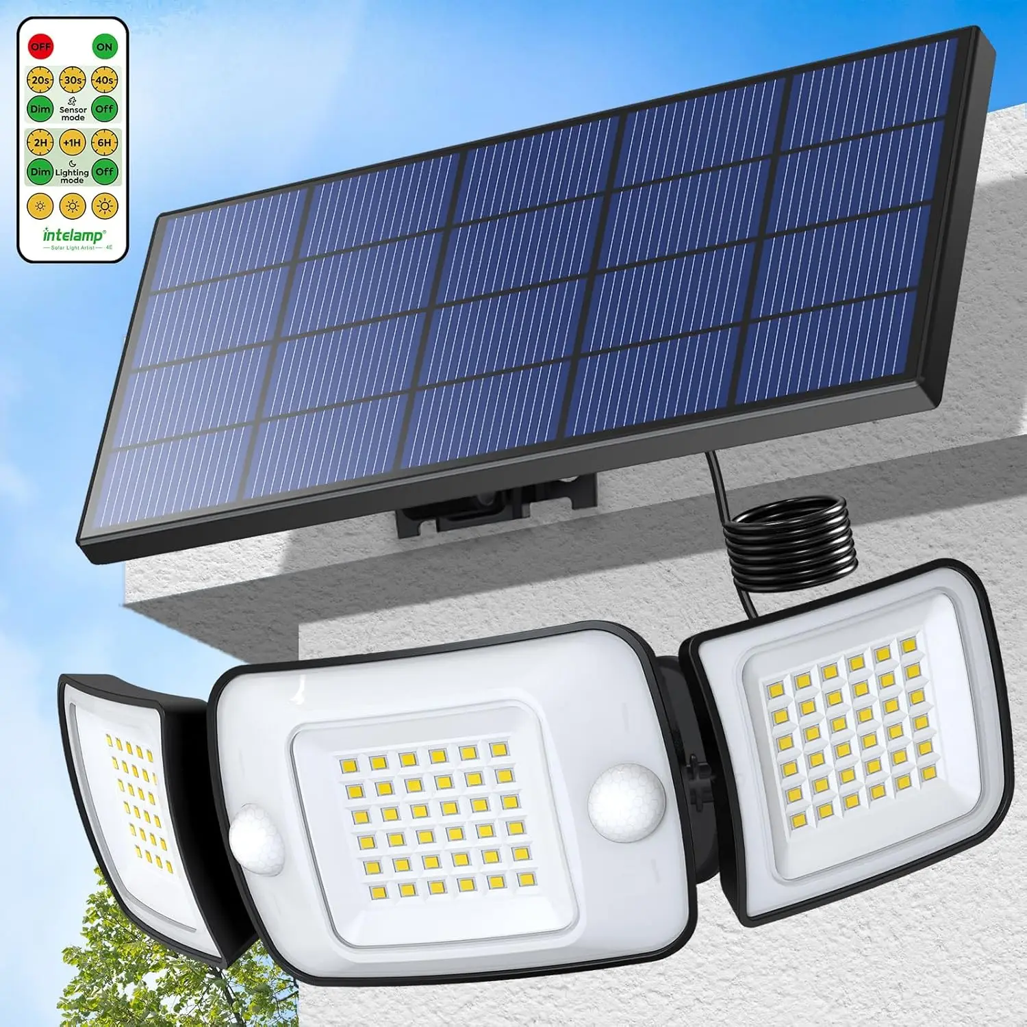 Lampe solaire extérieure Intelamp, grande marque, longue durée de vie, 6000 mAh, avec deux capteurs de mouvement, super lumineuse, pour jardin, cour, allée, garage