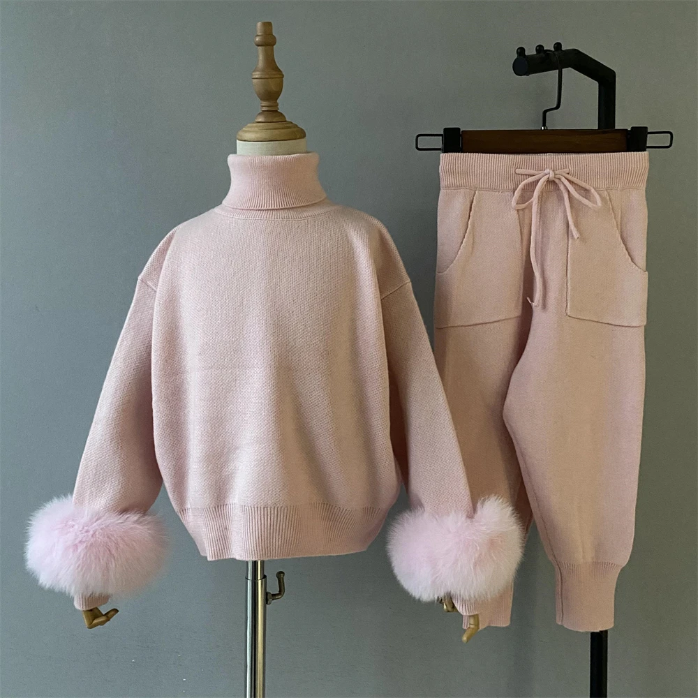 

Jaxmonoy Child's Wool Blend Kintted Tops and Pants Set Real Fox Fur Cuffs Turtleneck Sweater for Girl Fall New Style Sweater Set