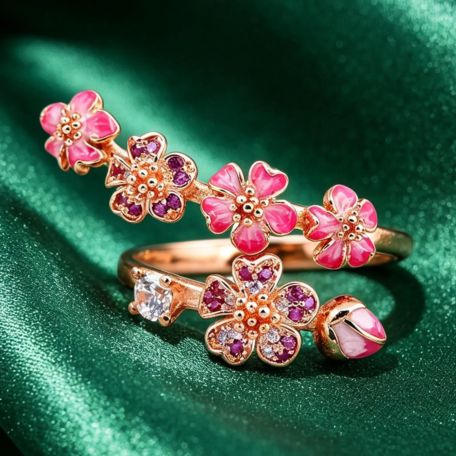 Image of Pfirsichblüten-Ring mit Kristall für Damen, Hochzeitsgeschenk, passend für Damen, edler Schmuck, Partygeschenk