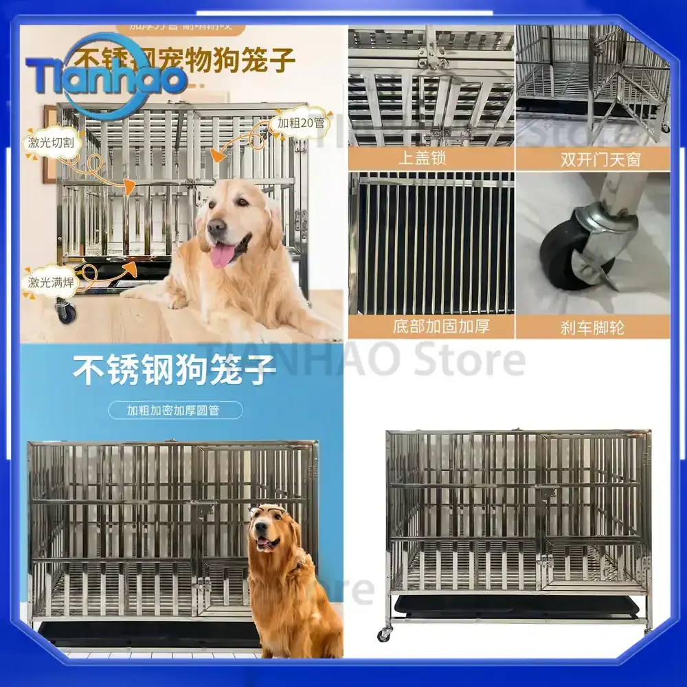 Heavy Duty Stainless Steel Dog Crate with Thick Square Tubes Laser Welded Large Indoor Dog Kennel with Toilet for Pets