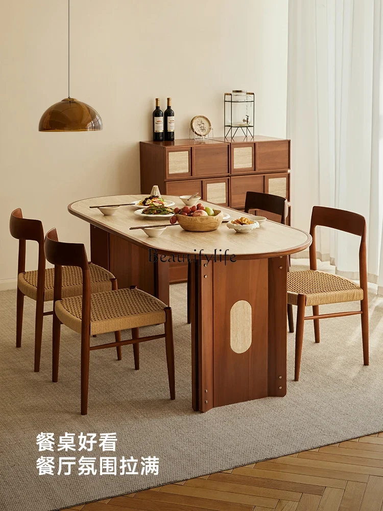 

yj5 Old style rock slab solid wood cream style in oval travertine dining table