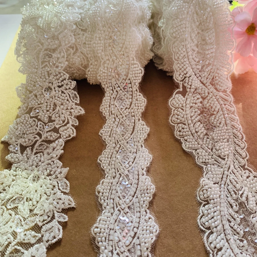 IVORY Beaded Lace Trim 3 Designs Women Dress Gown Decoration Lace Trimming DIY Lace 2 Yards