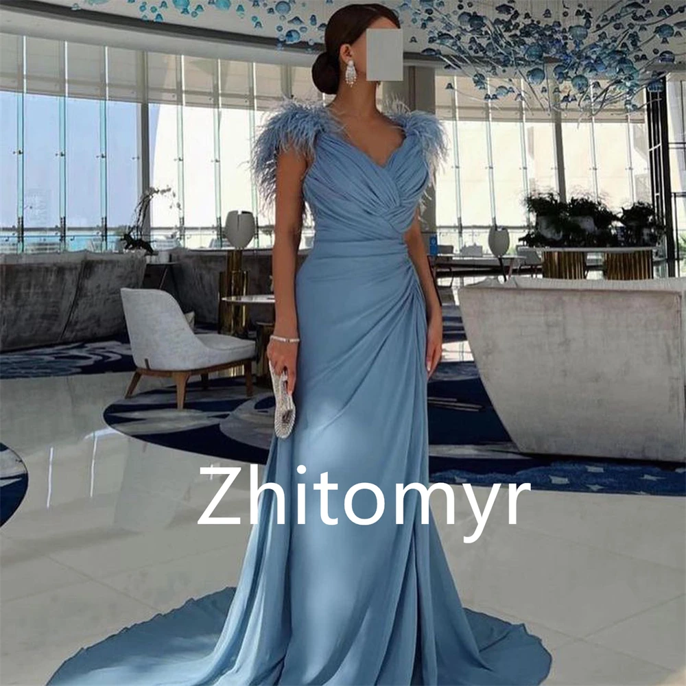 Personalizado elegante com decote em v bainha vestidos de cocktail borla drapeado varredura/escova saias charmeuse vestido de noite de luxo