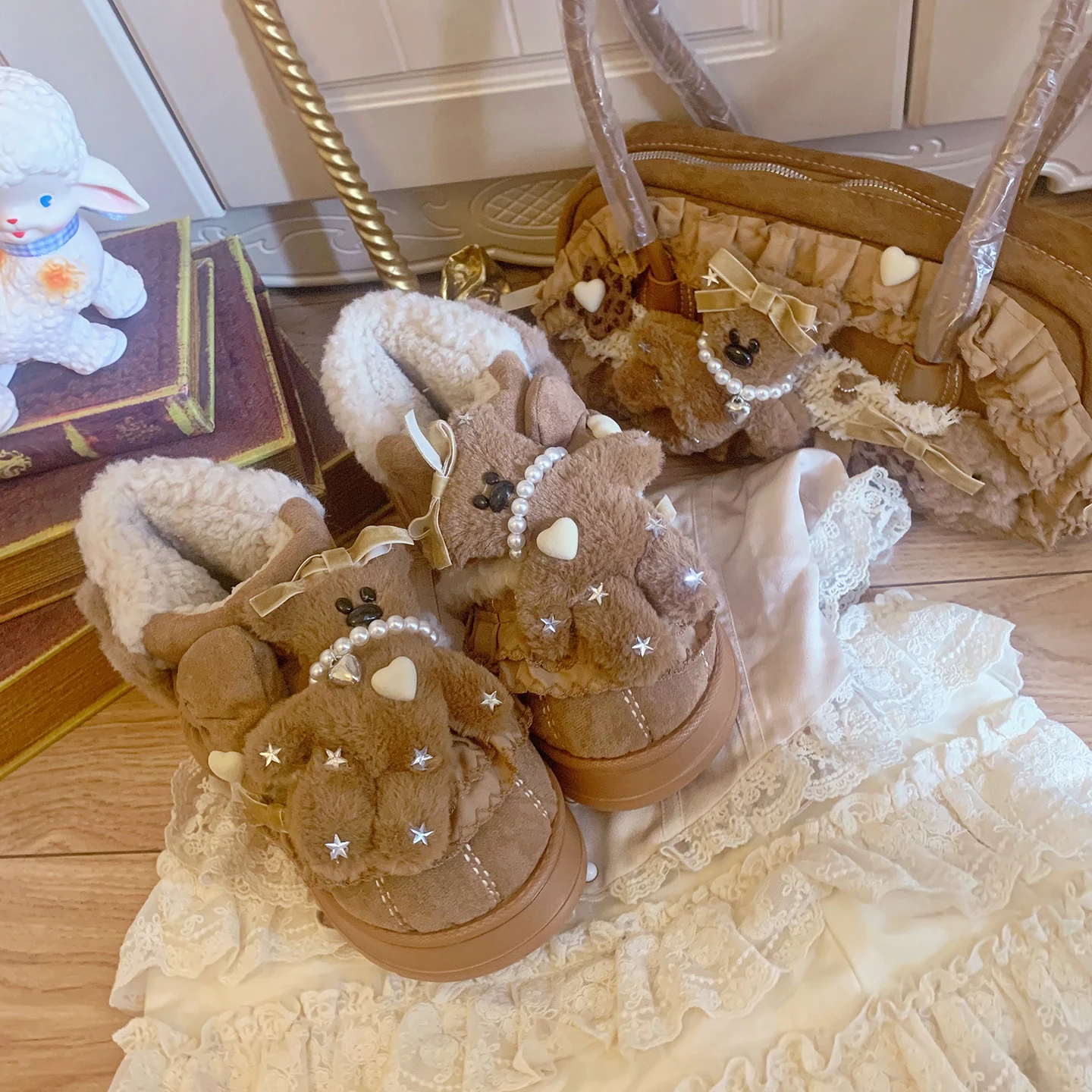 

Pinkyo Original Pearl Plush Bear Love Round Head Thick Bottom Boots Sweet Retro Thickened Warm Snow Boots