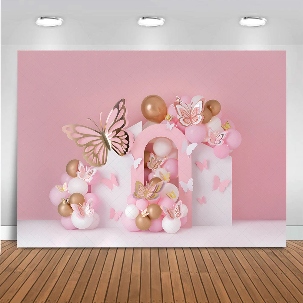 Prettiest Golden Butterflie Photography Backdrop Girl Birthday Cake Smash Photo Background Pink Balloon Decor Photo Studio Props