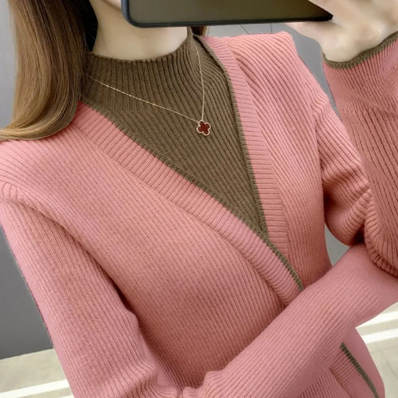 Moda medio cuello alto empalmado falso dos piezas suéteres ropa de mujer 2022 otoño nuevos suéteres sueltos de viaje Casual Tops