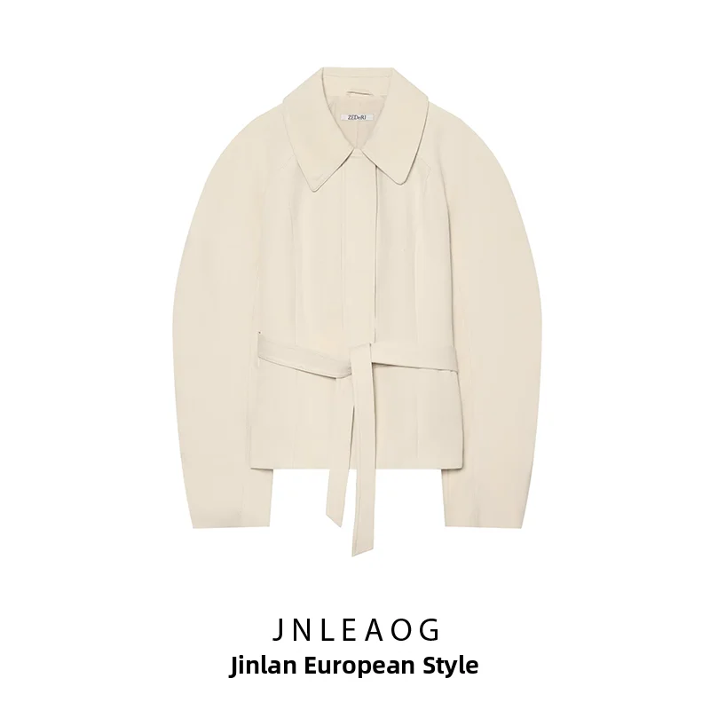 JNLEAOG Autumn New Women's Fashion Windbreaker Jacket with Belt Nine Points Short Skirt Jacket 3046358C Standard Fit Polyester