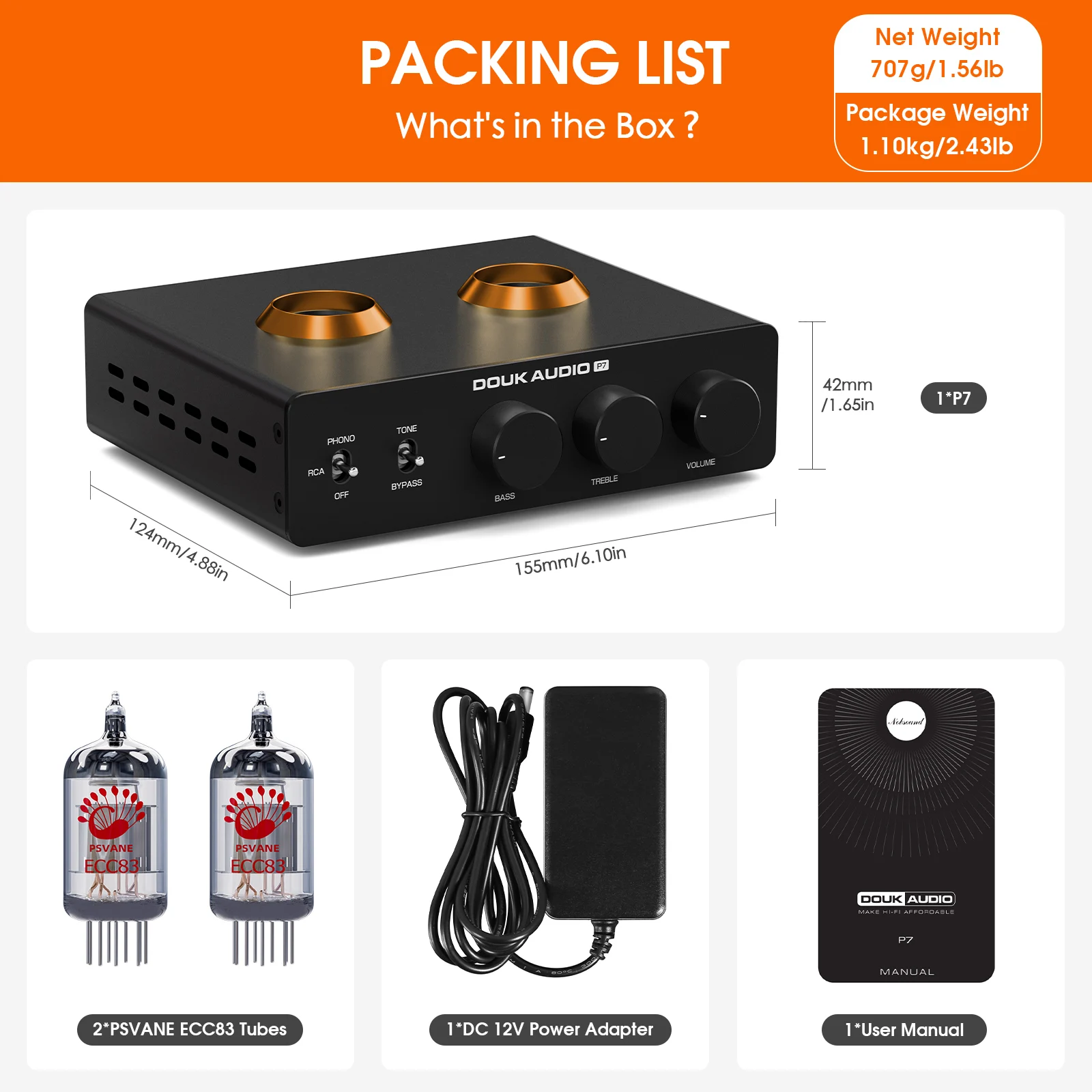 Nobsound P7 Ventil Tube Phono Stage Preamp Stereo-Vorverstärker mit HPF für MM Turntable Treble&Bass Control – Detail 8