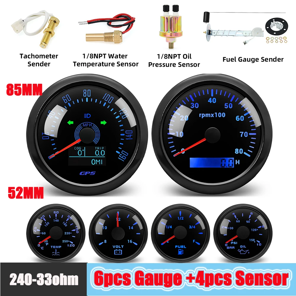 

6 in 1 Voltmeter Water Temperature Tachometer Fuel Gauge Oil Pressure Meters 80/120/160MPH LED Digital Gauges Kit 2"52mm 85MM