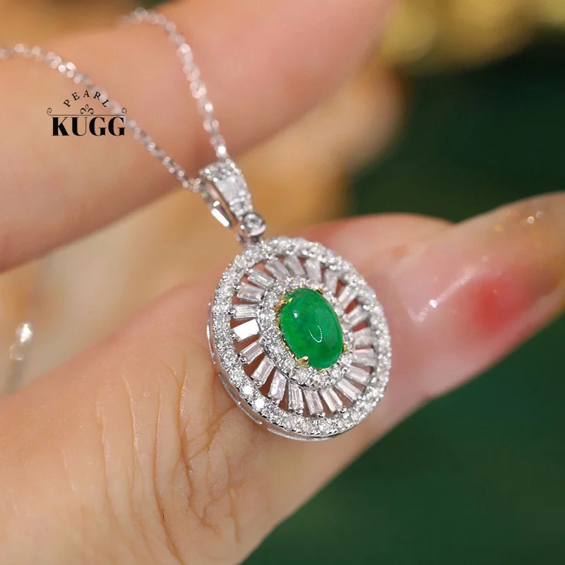 KUGG 100% 18K White Gold Necklace Luxury Diamond Jewelry Natural Emerald Necklace for Women Classic Design High Wedding Jewelry