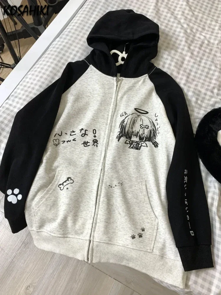 Japanese vintage Hooded Tops Women Y2k Aesthetic Cartoon Print Grunge Hoodie Casual Zip Up Sweatshirt Harajuku Streetwear new